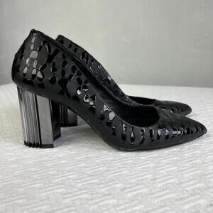 GIROTTI Women’s Black Leather Block Heel Lazer Cut Pumps 37 Size 7 Holiday NYE